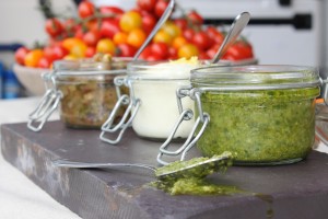 Kempandkempcatering.co.uk Kilner jars of Salsa Vered, Aioli and fresh Fig Chutney